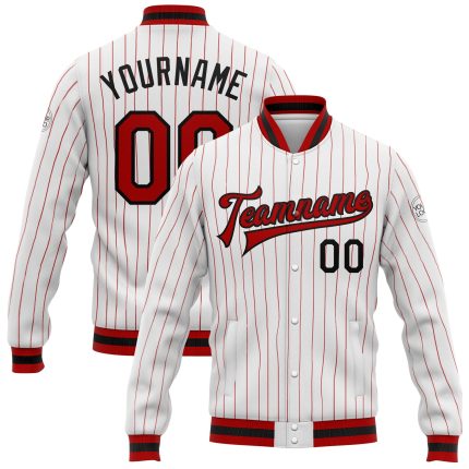 Custom Red Black Pinstripe Bomber Jacket Full-Snap Varsity Letterman Custom White Red Pinstripe Red-Black Bomber Full-Snap