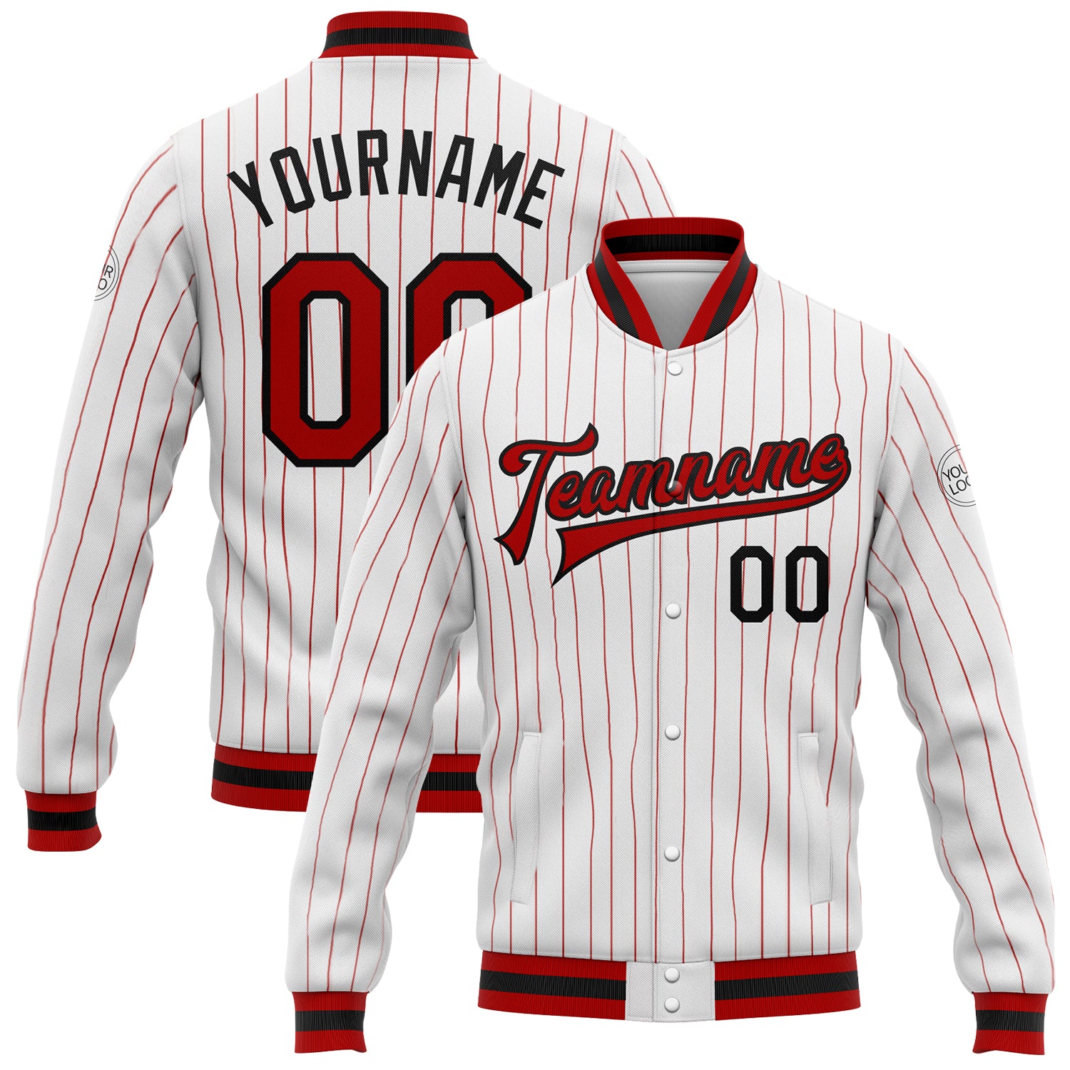 Custom Red Black Pinstripe Bomber Jacket Full-Snap Varsity Letterman Custom White Red Pinstripe Red-Black Bomber Full-Snap
