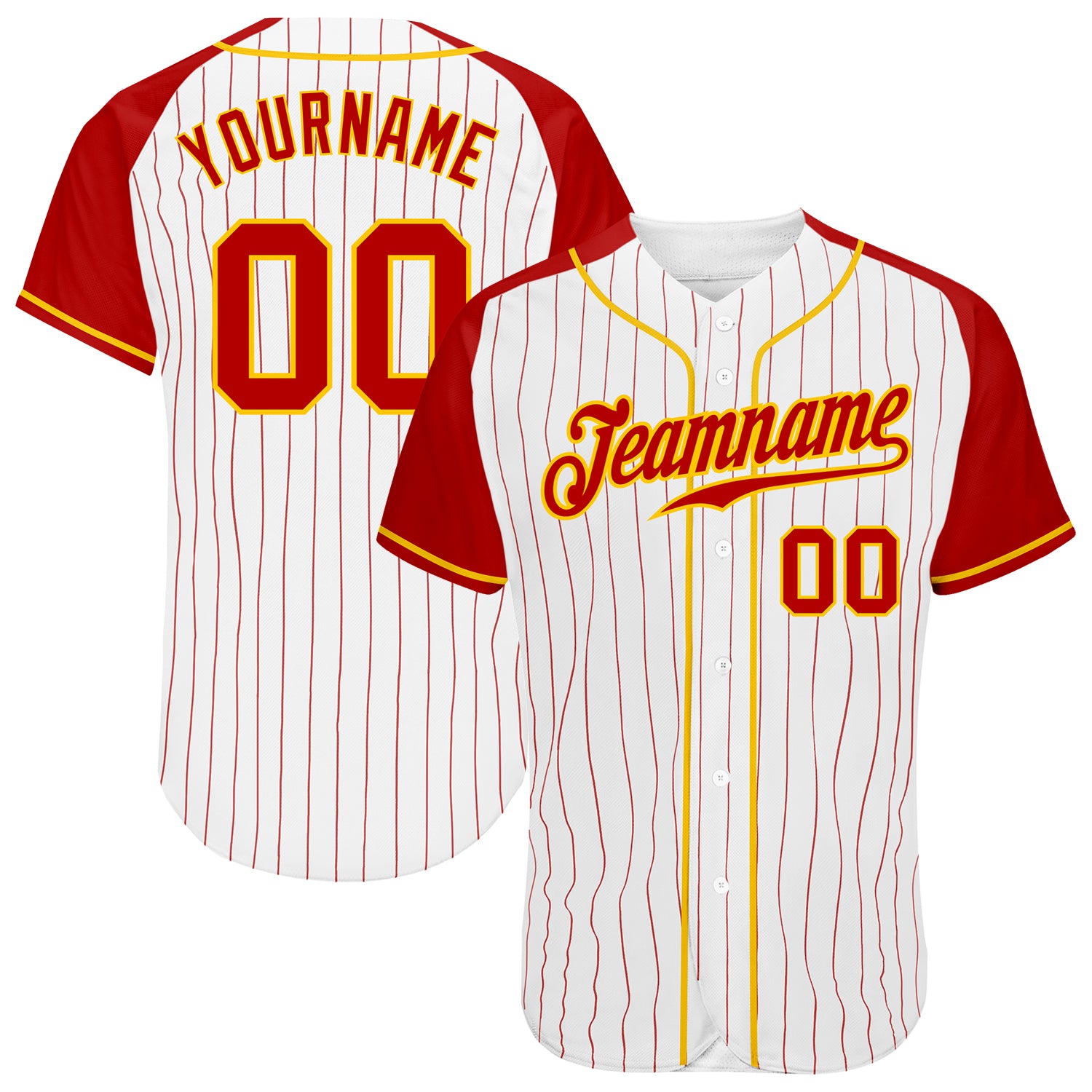 Custom Red-Gold Pinstripe Baseball Jersey for Men, Authentic Raglan Sleeves, White and Red Design Custom White Red Pinstripe