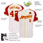 Custom Red-Gold Pinstripe Baseball Jersey for Men, Authentic Raglan Sleeves, White and Red Design Custom White Red Pinstripe