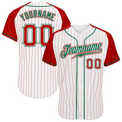 Red White Pinstripe Authentic Baseball Jersey with Kelly Green Raglan Sleeves Custom Design Custom White Red Pinstripe Red-Kelly