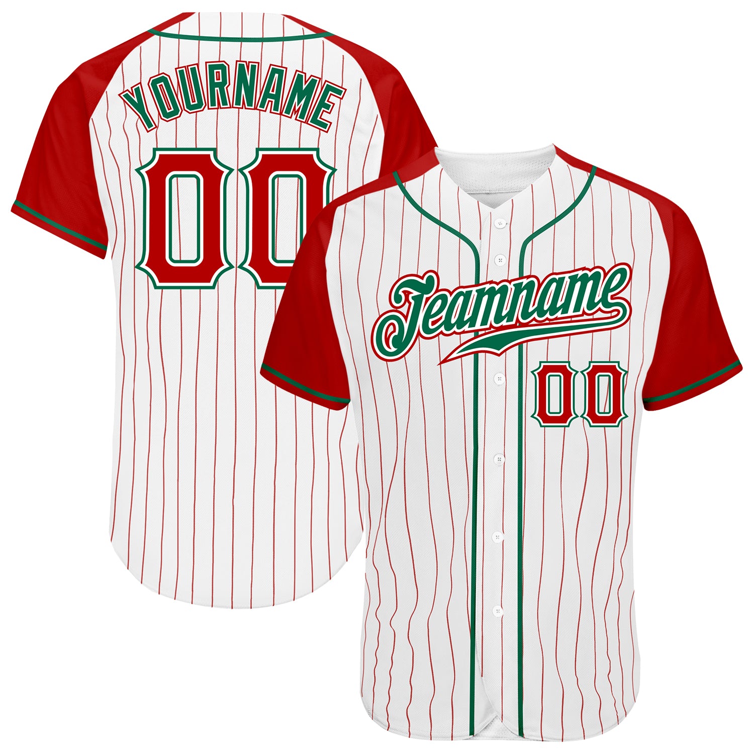 Red White Pinstripe Authentic Baseball Jersey with Kelly Green Raglan Sleeves Custom Design Custom White Red Pinstripe Red-Kelly