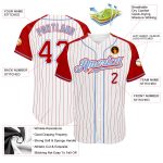 Custom White Red Pinstripe Baseball Jersey with Red-Light Blue Raglan Sleeves - Authentic Design Custom White Red Pinstripe