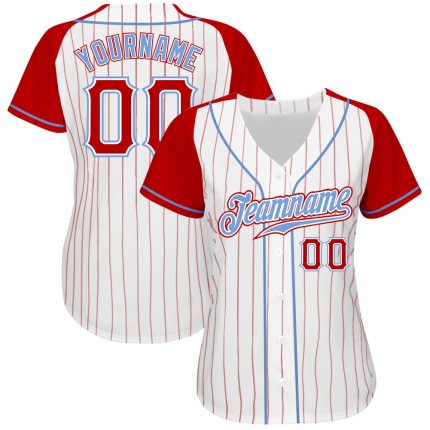 Custom White Red Pinstripe Baseball Jersey with Red-Light Blue Raglan Sleeves - Authentic Design Custom White Red Pinstripe