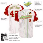 Custom Red Neon Green Pinstripe Baseball Jersey - Authentic White Raglan Sleeves Custom White Red Pinstripe Red-Neon Green