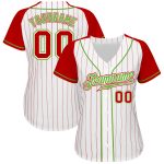 Custom Red Neon Green Pinstripe Baseball Jersey - Authentic White Raglan Sleeves Custom White Red Pinstripe Red-Neon Green