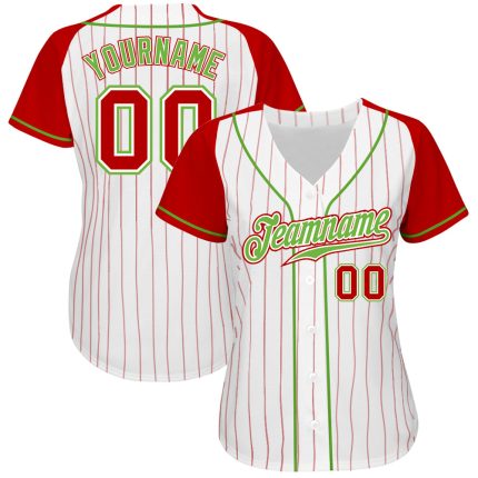 Custom Red Neon Green Pinstripe Baseball Jersey - Authentic White Raglan Sleeves Custom White Red Pinstripe Red-Neon Green