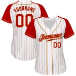 Custom Red White Pinstripe Baseball Jersey with Old Gold Authentic Raglan Sleeves Custom White Red Pinstripe Red-Old Gold