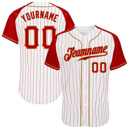 Custom Red White Pinstripe Baseball Jersey with Old Gold Authentic Raglan Sleeves Custom White Red Pinstripe Red-Old Gold