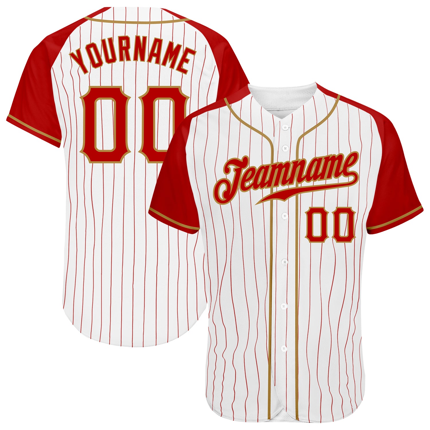 Custom Red White Pinstripe Baseball Jersey with Old Gold Authentic Raglan Sleeves Custom White Red Pinstripe Red-Old Gold