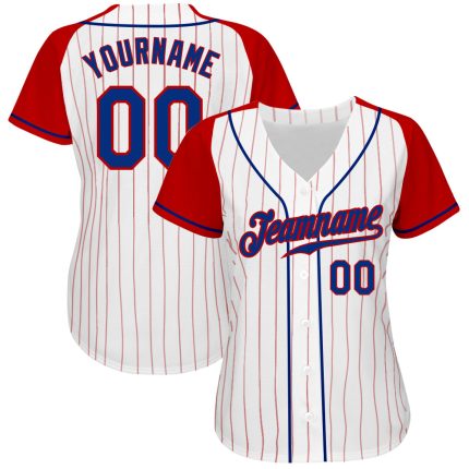 Red Pinstripe Baseball Jersey - Custom Royal-Red Authentic Raglan Sleeves Custom White Red Pinstripe Royal-Red Authentic