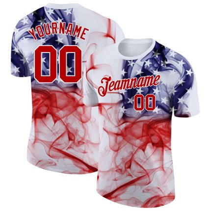3D American Flag Custom Performance T-Shirt in White Red-Purple Custom White Red-Purple 3D American Flag Performance T-Shirt