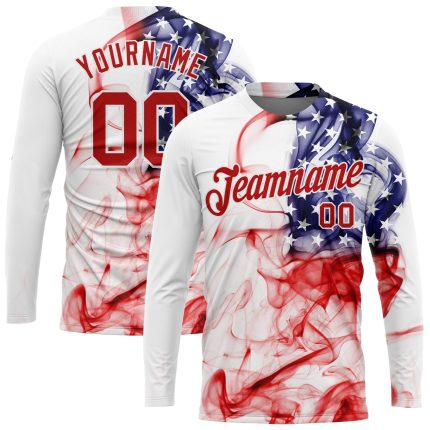 Custom American Flag 3D Long Sleeve T-Shirt | White Red-Royal Fashion Performance Tee Custom White Red-Royal American Flag