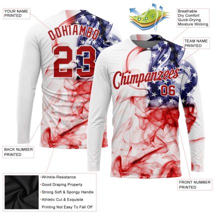 Custom American Flag 3D Long Sleeve T-Shirt | White Red-Royal Fashion Performance Tee Custom White Red-Royal American Flag