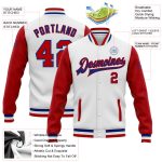 Custom Two Tone Bomber Jacket Red Royal Varsity Letterman Full-Snap Custom White Red-Royal Bomber Full-Snap Varsity Letterman
