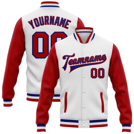 Custom Two Tone Bomber Jacket Red Royal Varsity Letterman Full-Snap Custom White Red-Royal Bomber Full-Snap Varsity Letterman