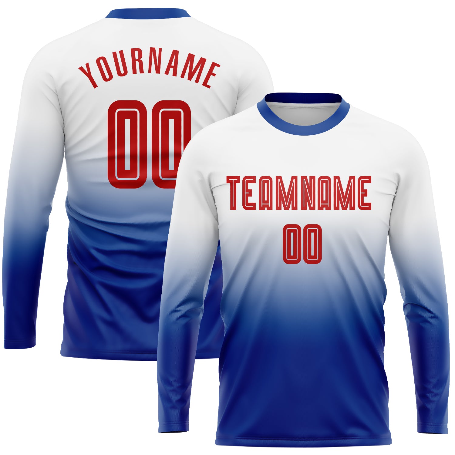 Custom Soccer Uniform Jersey Red-Royal Long Sleeve Fade Fashion Sublimation Design Custom White Red-Royal Sublimation Long