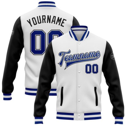 Custom Two Tone Varsity Letterman Bomber Jacket - White and Black Full-Snap Design Custom White Royal-Black Bomber Full-Snap