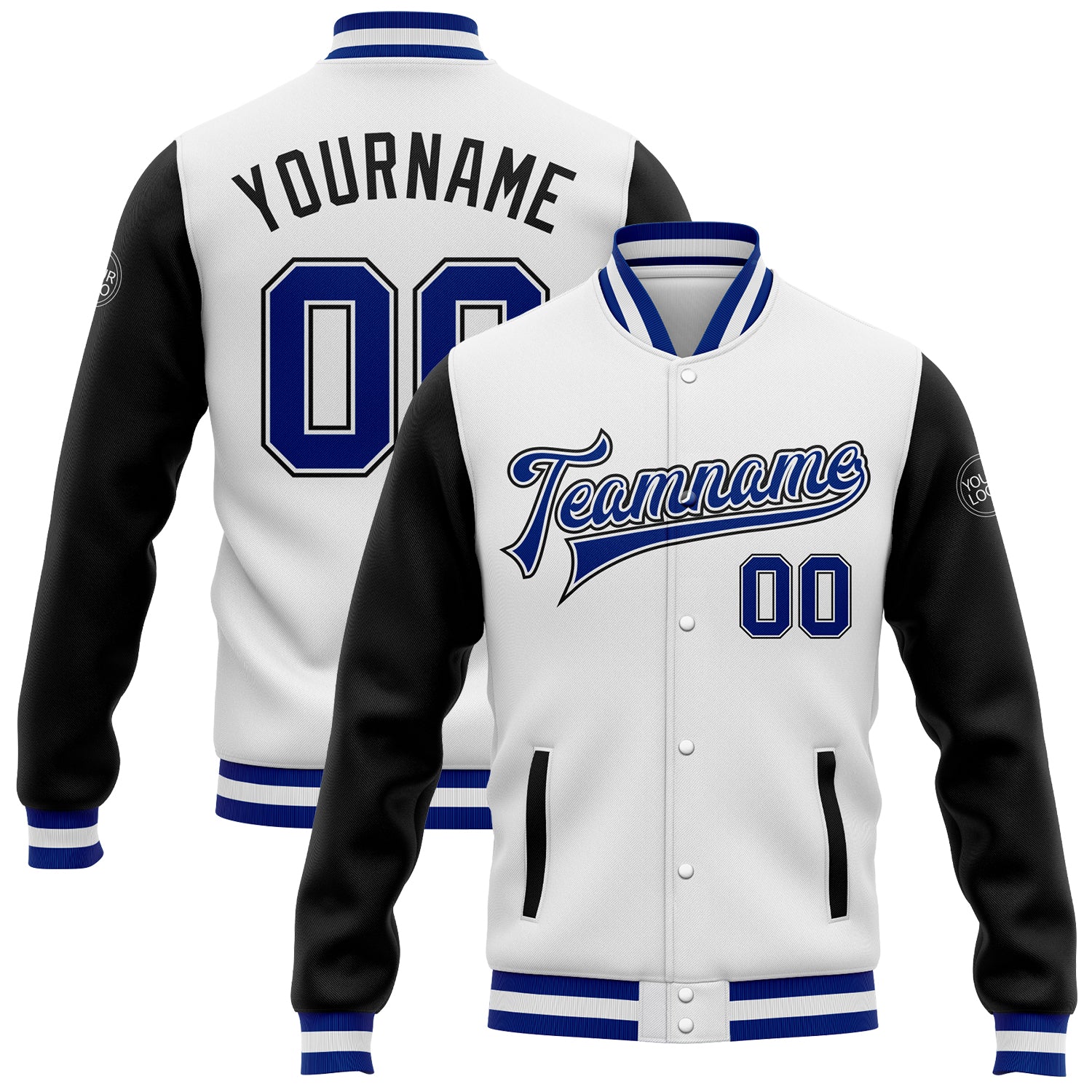 Custom Two Tone Varsity Letterman Bomber Jacket - White and Black Full-Snap Design Custom White Royal-Black Bomber Full-Snap