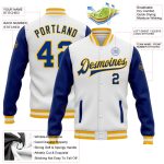 Custom Royal Gold Bomber Jacket - White Two Tone Full-Snap Varsity Letterman Jacket Custom White Royal-Gold Bomber Full-Snap