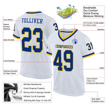 Custom White Royal Gold Mesh Football Jersey - Authentic Throwback Style Custom White Royal-Gold Mesh Authentic Throwback