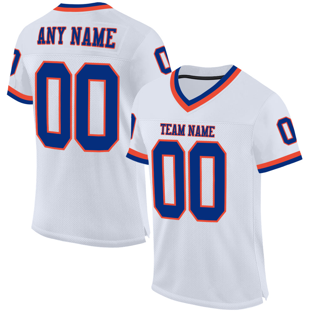 Custom Orange and White Authentic Throwback Football Jersey - Royal Mesh Design Custom White Royal-Orange Mesh Authentic