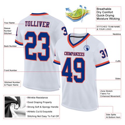 Custom Orange and White Authentic Throwback Football Jersey - Royal Mesh Design Custom White Royal-Orange Mesh Authentic