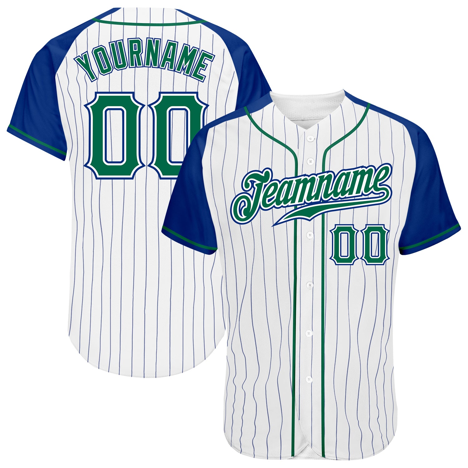 Custom Kelly Green-Royal Pinstripe Baseball Jersey with Raglan Sleeves - Authentic Style Custom White Royal Pinstripe Kelly