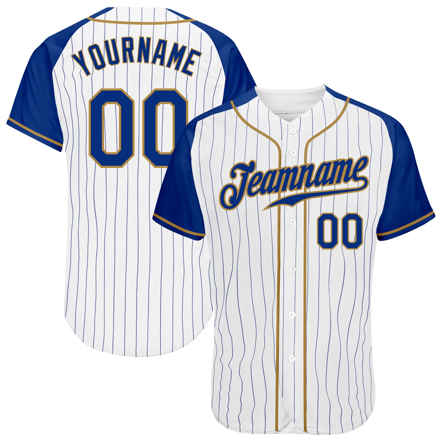 Custom White Royal Pinstripe Authentic Baseball Jersey with Raglan Sleeves in Royal-Old Gold Custom White Royal Pinstripe