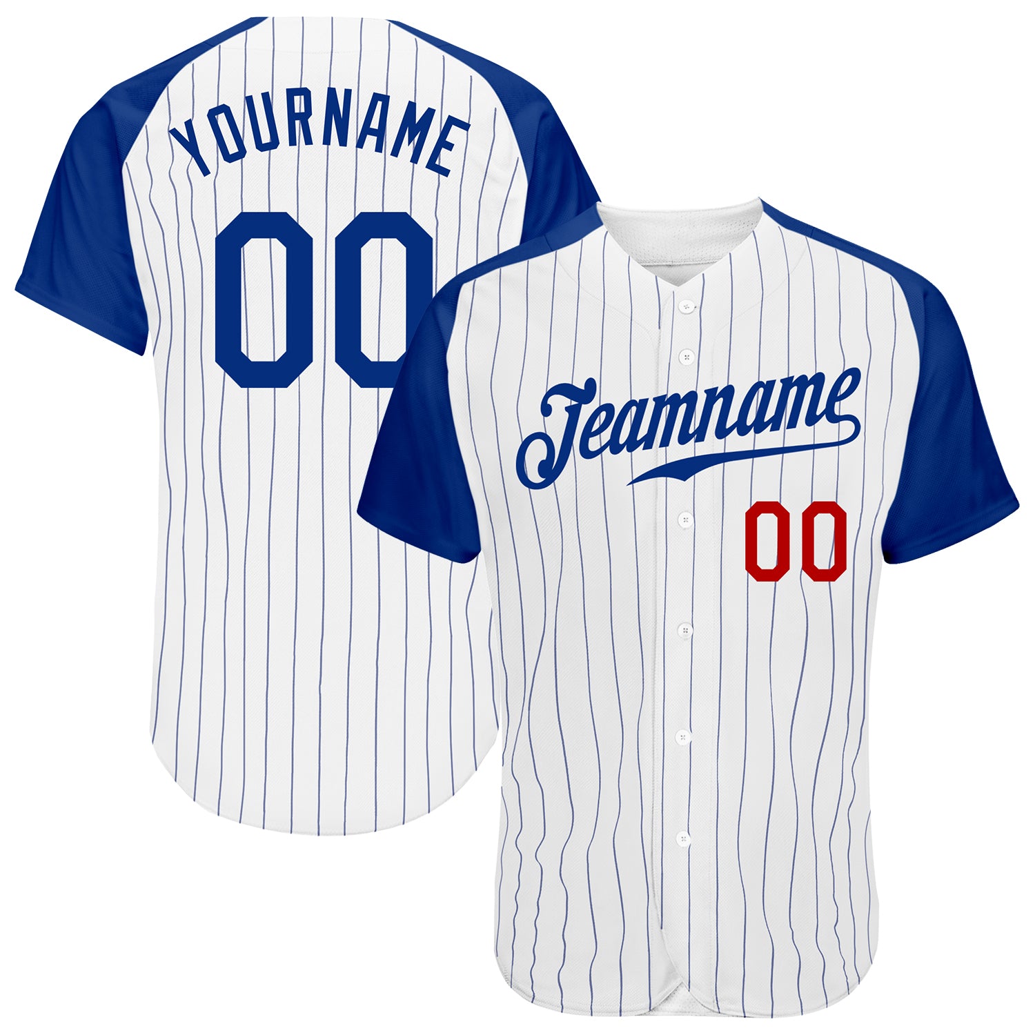 Custom Royal Pinstripe Baseball Jersey Red Raglan Sleeves Authentic Style 5578 Custom White Royal Pinstripe Royal-Red Authentic