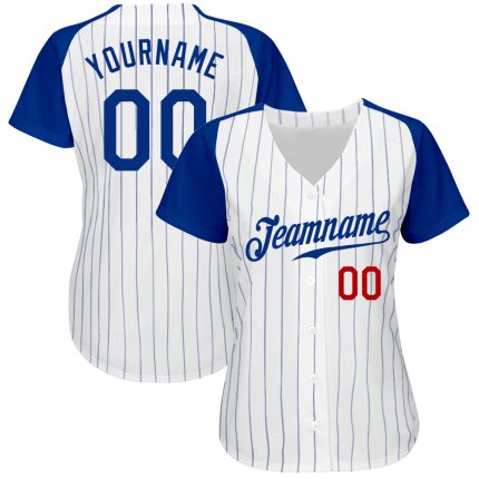 Custom Royal Pinstripe Baseball Jersey Red Raglan Sleeves Authentic Style 5578 Custom White Royal Pinstripe Royal-Red Authentic