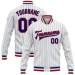 Custom Royal-Red Pinstripe Bomber Jacket for Men - Full-Snap Varsity Letterman Style Custom White Royal Pinstripe Royal-Red