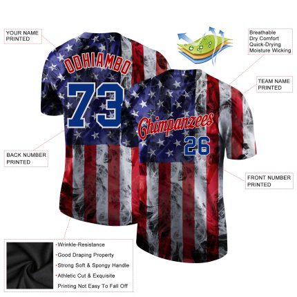 Custom white, royal and red American flag custom t-shirt, back view