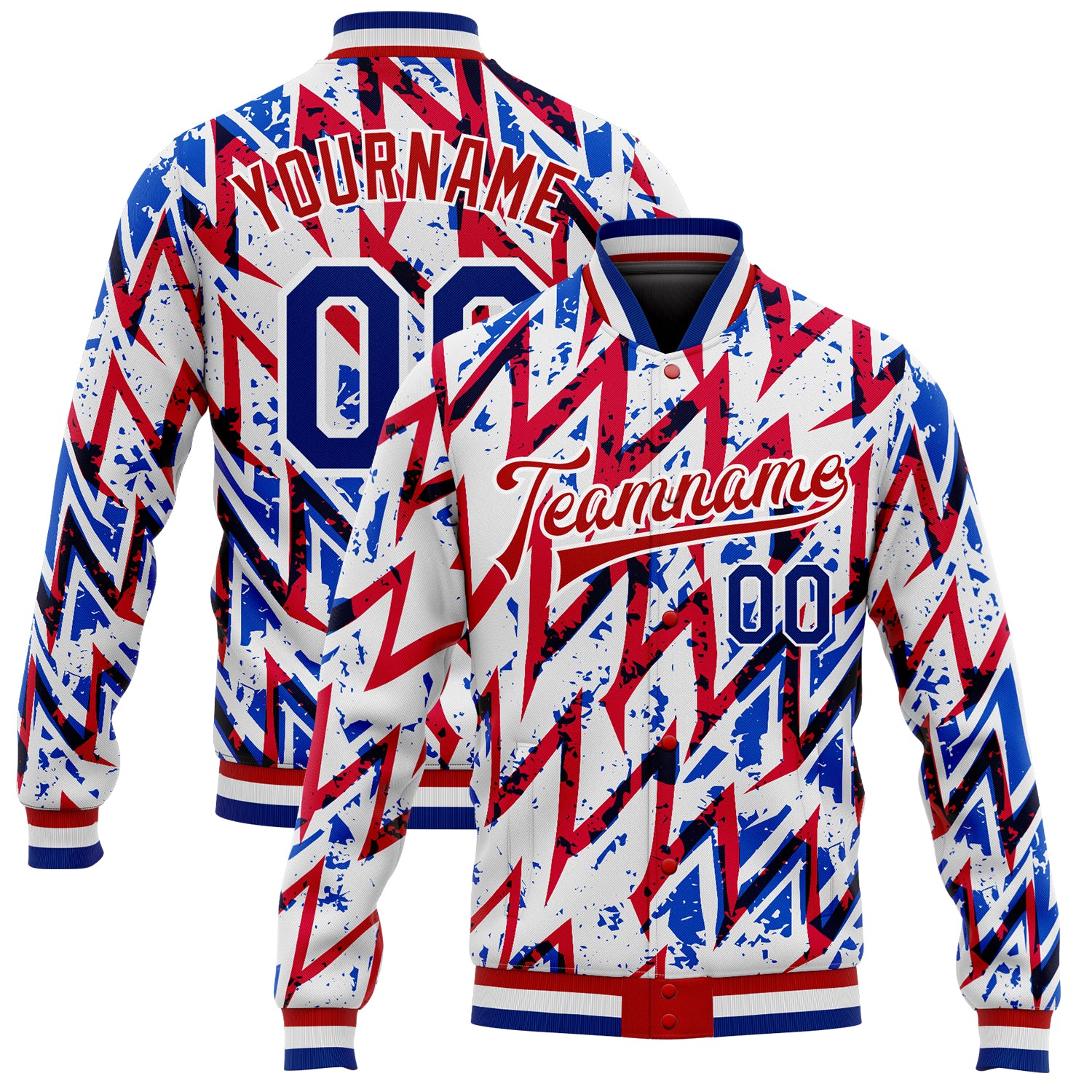 Custom Royal-Red 3D Pattern Bomber Varsity Letterman Jacket Full-Snap Custom White Royal-Red 3D Pattern Design Bomber Full-Snap