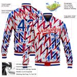 Custom Royal-Red 3D Pattern Bomber Varsity Letterman Jacket Full-Snap Custom White Royal-Red 3D Pattern Design Bomber Full-Snap