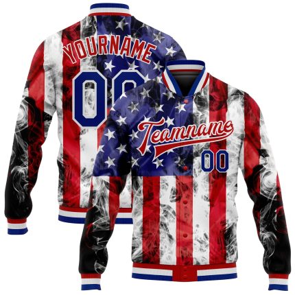 Custom American Flag 3D Bomber Jacket in White & Royal Red | Full-Snap Varsity Letterman Style Custom White Royal-Red American