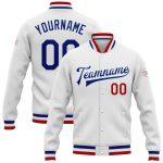 Custom White Red Varsity Letterman Bomber Jacket Full-Snap Design Custom White Royal-Red Bomber Full-Snap Varsity Letterman
