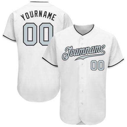 Custom Authentic Baseball Jersey in White and Silver-Black Design Custom White Silver-Black Authentic Baseball Jersey