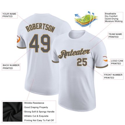 Custom Performance T-Shirt in White, Steel Gray, Old Gold - High Quality Fabric Custom White Steel Gray-Old Gold Performance