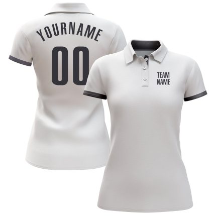 Custom Performance Golf Polo Shirt - White Gray Steel Design, Mens Activewear Custom White Steel Gray Performance Golf Polo