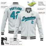 Custom Teal Pinstripe Bomber Jacket Black Full-Snap Varsity Letterman Jacket Custom White Teal Pinstripe Teal-Black Bomber
