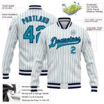 Custom Teal Navy Pinstripe Varsity Letterman Bomber Jacket - Full-Snap White Design Custom White Teal Pinstripe Teal-Navy