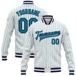 Custom Teal Navy Pinstripe Varsity Letterman Bomber Jacket - Full-Snap White Design Custom White Teal Pinstripe Teal-Navy