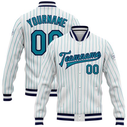 Custom Teal Navy Pinstripe Varsity Letterman Bomber Jacket - Full-Snap White Design Custom White Teal Pinstripe Teal-Navy