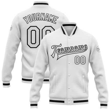 Custom White Black Varsity Letterman Bomber Jacket Full-Snap Design Custom White White-Black Bomber Full-Snap Varsity Letterman