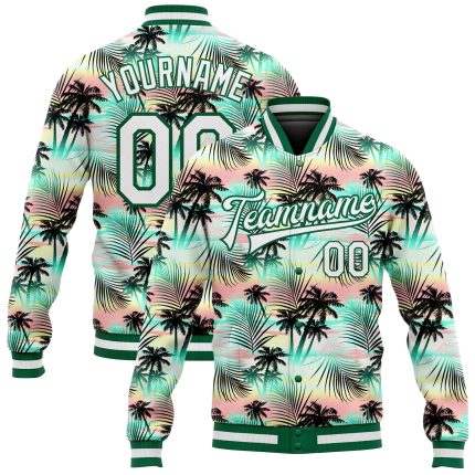 Custom Hawaii Palm Trees 3D Bomber Jacket Full-Snap Varsity Letterman in White and Kelly Green Custom White White-Kelly Green