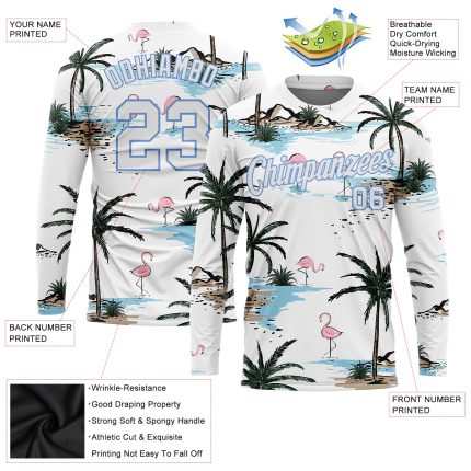 Custom White Light Blue Hawaii Palm Trees 3D Pattern Long Sleeve T-Shirt for Performance Custom White White-Light Blue Hawaii