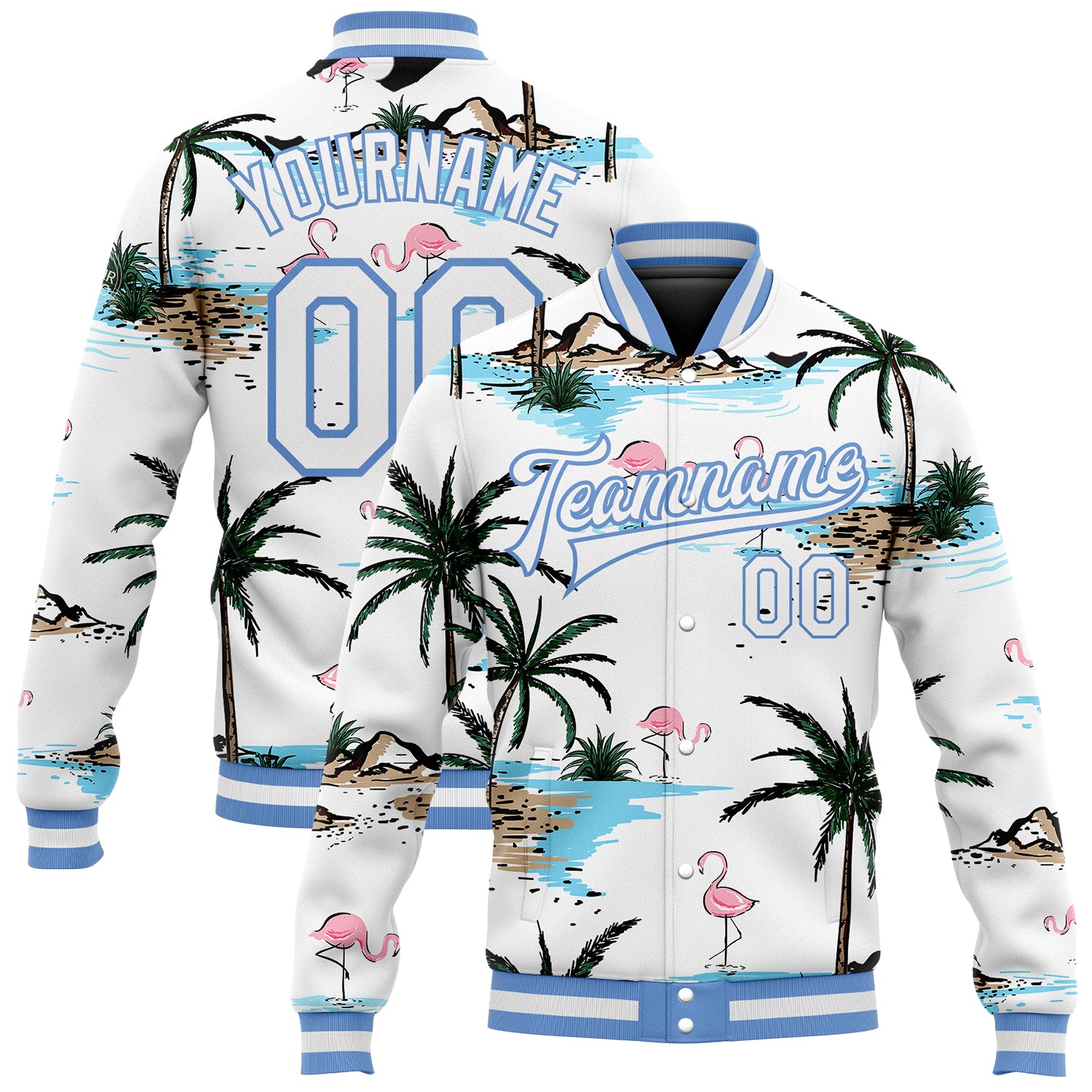 Custom White and Light Blue Palm Trees Flamingo 3D Design Bomber Varsity Letterman Jacket Custom White White-Light Blue Hawaii