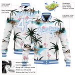 Custom White and Light Blue Palm Trees Flamingo 3D Design Bomber Varsity Letterman Jacket Custom White White-Light Blue Hawaii