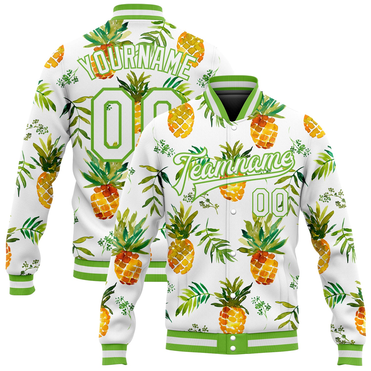 Custom Pineapple 3D Pattern Bomber Jacket - White & Neon Green Snap Varsity Letterman Design Custom White White-Neon Green
